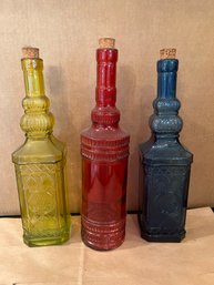 K/ 3 Pretty Colored Glass Bottles W/ Cork Stoppers - Red Yellow Blue