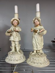 CR/A 2pcs - Pair Of Girl And Boy Ceramic Candlesticks By Meissen