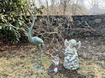 FY/ 3pcs - Garden Lawn Ornaments: Large Heron, Cherub And Fox