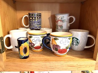 K/ Shelf Of Asstd Ceramic Mugs - Savoir Vivre, Starbucks, Cats, Florals...etc