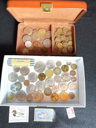 K/ Box - US And Foreign Coins And 3 Stamps: Wheat Pennies, Kennedy 1/2 Dollars, Canadian Etc