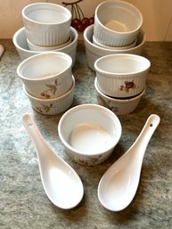 K/ Ramekins Bundle - 5 Smaller Cordon Bleu Frieda, 2 Large Pier 1, 4 Smaller No Brand, 2 Ceramic Soup Spoons