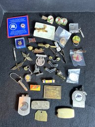 K/ Bag - Unique Collector Pins, Medals, Money Clips, Tie Clips Etc