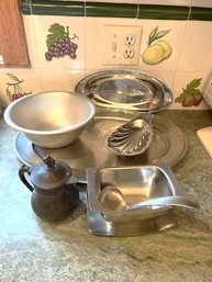 K/ 6 Pc Metal Serveware - St Lous Silver Creamer, 2 Oval Platters, Denmark Stainless Gravy,Plate,Ladle Etc