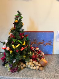 K/ Christmas Decor Lot - Small Decorated Tree, Ornaments, Glass Cutting Board, Stone & Plastic Faux Fruit...