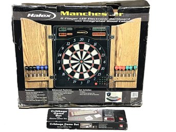 C/ 2pcs: Halex Electronic Dartboard With Darts And Feathers And Cribbage Board With Leather Trim