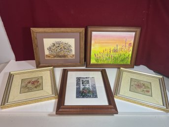 T/ 5pcs - Framed Floral Art: 1 Pressed And Dried Flower, 2 By Blum Etc