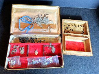 K/ Box 11pcs - Religious Medals, Rosaries Etc And 2 Jewelry Boxes