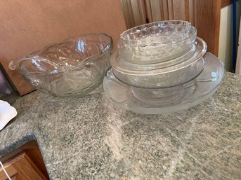 K/ Clear Glass Serving Lot - Large Pressed Glass Punch Bowl W Ladle & Assorted Glass Bowls