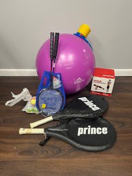 T/ 5pcs - Sports Plus: Tennis & Badminton Racquets, Balance Ball, Medicine Ball Etc