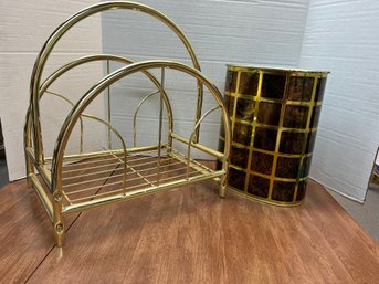 CR/A 2pcs - Gold Tone Metal Magazine Holder And MCM Trash Can By J.L. Clark