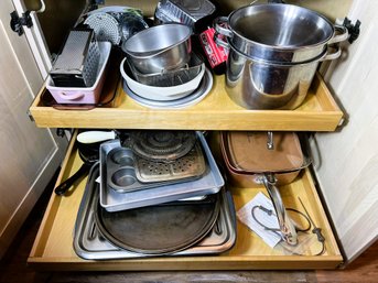 K/ Low Cabinet 2shelves - Assorted Cookware/Bakeware: Calphalon, Pyrex, Copper Chef, Nantucket Etc