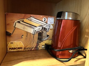 K/ Shelf Of 2 Pcs - Starbucks Red Barista Electric Grinder & In Orginal Box Marcato 'Atlas' Pasta Maker