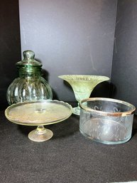 K/ 4pcs - Glass Serving Bowl W Etched Swans, Cake Stand, Large Green Glass Jar, Flared Vase Vessel