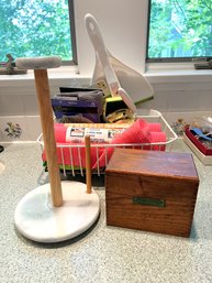 K/ Kitchen Items: Marble Ppr Twl Holder, Strainer, Rubber Gloves, Non-skid Mats, Vintage Wood Recipe Box