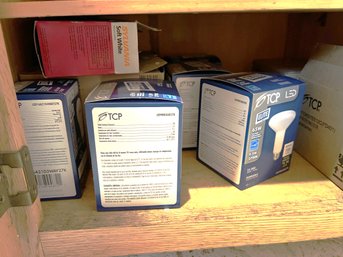 K/ Shelf Of Assorted Boxed LED & Soft White Lightbulbs - Sylvania & TCP