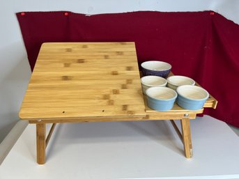 T/ 6pcs - Modern Folding Wood Bed Tray, 4 Light Blue Ramekins, Small Purple Bowl