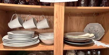 K/ Shelf Of Assorted Mostly White Dinnerware, Some Crate & Barrel Mugs & Plates & Bowls, Some Others