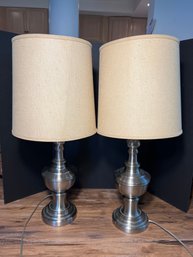 FR/ 2 Tall Table Lamps With Silver Metal Base And Off White Shades