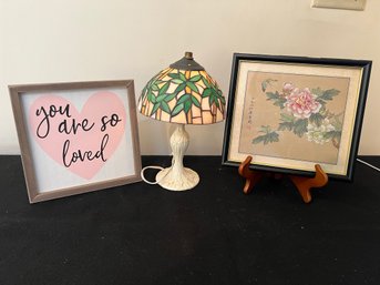 3 Items: Tiffany Style Table Lamp And 2 Pieces Of Artwork