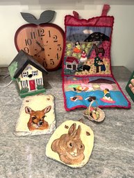 K/ 6 Asssorted Wall Decor - 2 Painted Animals On Slate,  Apple Shaped Clock, Cosecha Fabric Scene ..etc