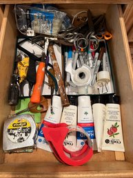 K/ Drawer Of Assorted Sharpies, Tape, Scissors, Hammers, Tools, Glue Gun W Sticks & More