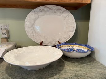 K/3 Large Serving Pcs - Pier 1 Lg Oval Platter & Lg Bowl And Liro Italy Lg Painted Bowl Ruffle Edge