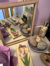 HB/ Assorted Bathroom Decor - Mirror, Floral Plaques MudPie, Framed Watercolor M Caswell & Tom Baldwin...