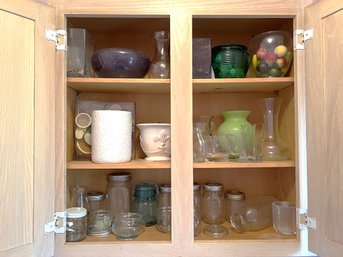 HB/ 3 Shelves Of Asstd Pretty Clear Glass, Colored Glass, Ceramic Vases & Mason Jars