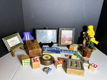 FR/ Box - Assorted Unique Wood Items: Decor, Trinkets, Games, Vintage Letter Blocks Etc