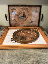 K/ 3 Vintage Trays - Glass Covered Butterflies, Oval Glass Covered Dried Flowers & Wood Frame Painted Tile