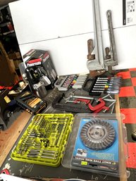 G/ 14pcs: Box Tool Lot #1 With Pipe Wrenches, Drill Bit Sets, Clamp, Spray Gun And More