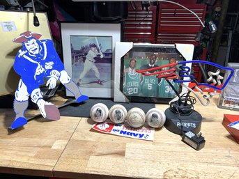 G/ Box 9pcs: Sports Memorabilia Lot With Ted Williams & Celtics Pictures, Collector Baseballs, Neon Light Etc