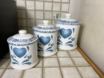 K/ 3pcs - 'Jay' Kitchen Cannisters - Ceramic Blue & Off White With Speckle And Heart Design