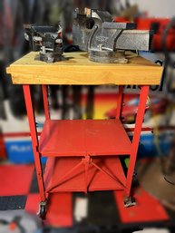 G/ 3pcs: 2 Bessey Bench Vises 6' And 4.5'& Wood Top Red Metal Wheeled Cart