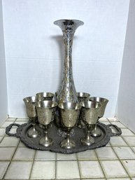 K/ 10pcs - Magnificent Z.Y. India World Gift Silver Plate Etched Urn-decanter, Goblets And Tray