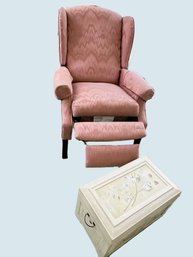 2H/2pcs - Dusty Rose Flame Pattern Fabric Wing Back Recliner Action Industries & Decorative Chest W Handles