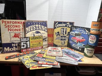 G/ Box Of Metal Automotive Signs, Cans And Emblems #1