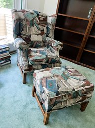 2H/ 2pcs - Colony House Wing Back Upholstered Chair And Matching Ottoman - Book Motif Fabric