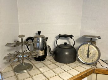 K/ 4pcs - Farberware 8 Cup Percolator, Hansen Postal 5lb Scale, Vintage Stamp Holder & Calphalon Kettle