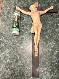 K/ 2pcs - Religious Lot: Large Crucifix And Glass St. Jude Candle