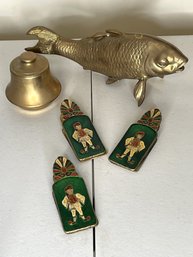 5 Pcs Brass Pieces - Large Koi Fish, Jar W Enamel Interior & Cover, 3 Greek Enamel/Cloisonne Clips