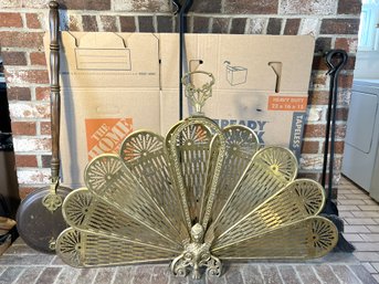 K/ 5pcs - Unique Fireplace Accessories Including Vintage Brass Folding Peacock Screen Etc