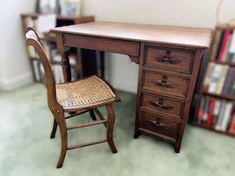 2H/ 2pcs - Very Pretty Vintage 5 Drawer Wood Desk W Ornate Leaf Patterned Handles & Cane Chair