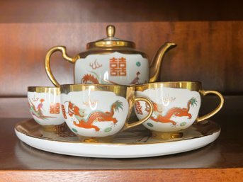 6 Piece Beautiful Chinese Tea Set - Round Plate, Tea Pot, 4 Teacups - Bird & Dragon Design