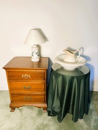 2B2/ 5pcs - Continental 3 Drawer Bedside Table, Leaf Motif Lamp, Round Glass Top 3 Leg Table, Pitcher And Bowl
