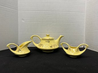 CR/A 3pcs - 22k Gold Hand Decorated Yellow Teapot, Cream And Sugar By Pearl China Co - Made In USA