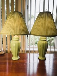 2B2/ 2 Very Pretty Matching Mint Green Ceramic Table Lamps With Matching Shades