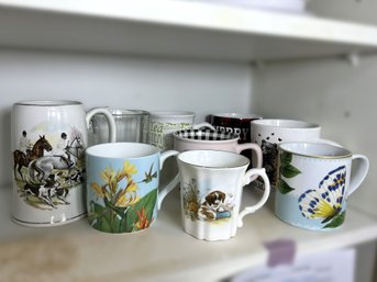 K/ 9pcs - Assorted Coffee Mugs: Bone China, Williams Sonoma, Christmas Etc