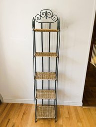 1 Piece Green Metal And Wicker 5 Shelf Etagere